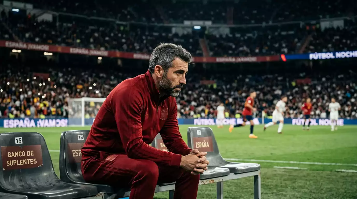 Un futbolista veterano sentado solo en el banquillo de un estadio, observando el campo con gesto pensativo bajo los focos, mientras el partido transcurre desenfocado al fondo