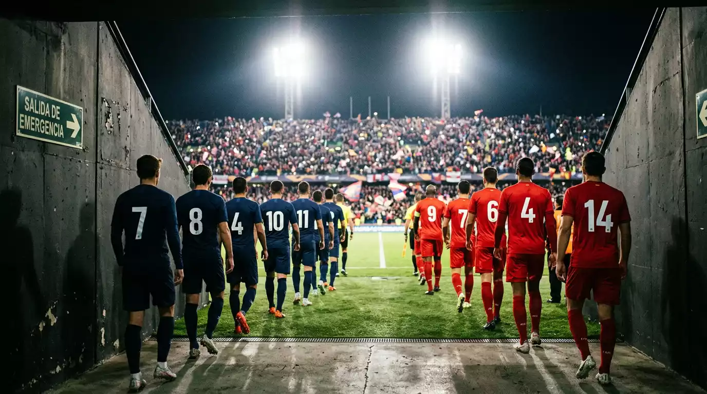 Dos selecciones de fútbol saliendo al campo por el túnel de vestuarios antes de un partido nocturno de alta tensión en un estadio iluminado