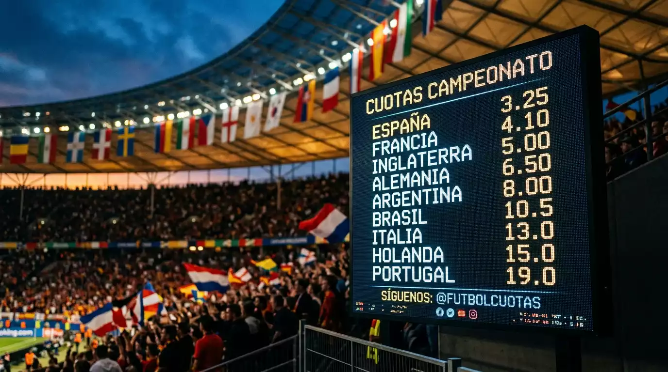 Tablero luminoso de cuotas de campeón del mundo en un estadio, con banderas difuminadas de varias selecciones al fondo durante el atardecer