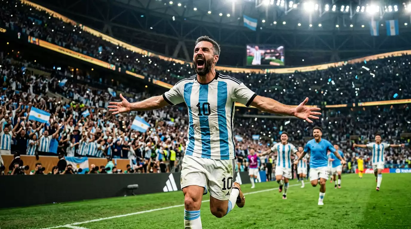 Lionel Messi celebra emocionado tras marcar el gol que le convierte en máximo goleador histórico de los Mundiales, con sus compañeros corriendo hacia él en un estadio lleno